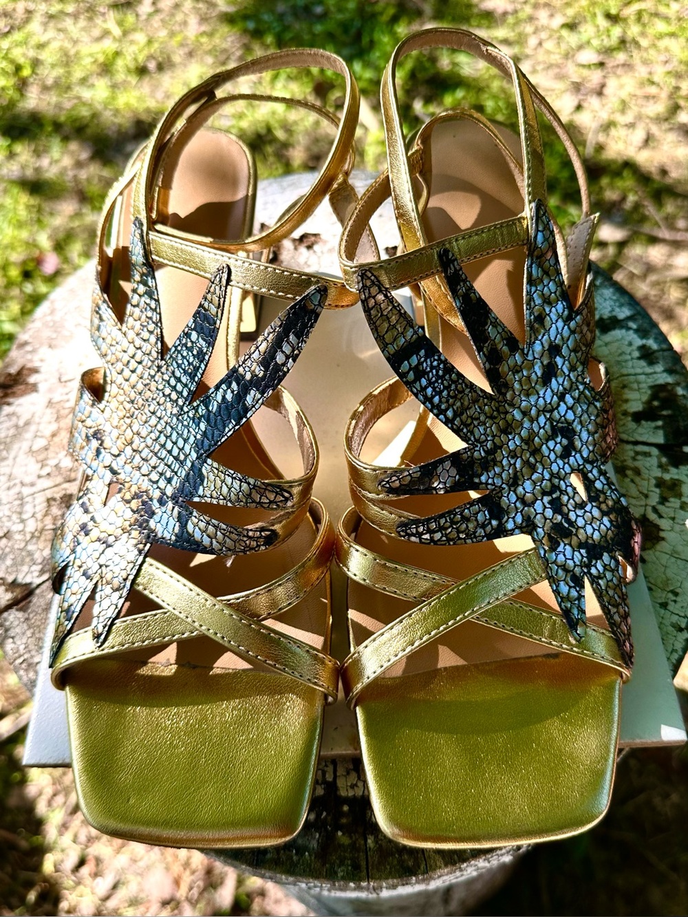 Gold Strappy Womens Sandals with Metallic Snake-Print Accent